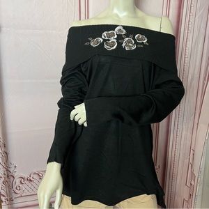 Hayden Park Black Embroidered Off the Shoulder Long Sleeve Sweater Knit Top